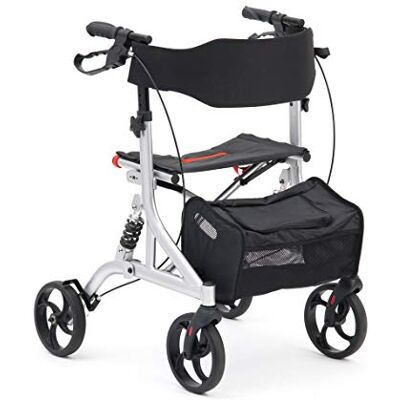DRIVE DEVILBISS HEALTHCARE Drive DeVilbiss Rollator 4 Wheel Walker with Seat, Backrest, Brakes Shock-Absorbing Suspension System (Silver) DRIVE DEVILBISS HEALTHCARE Drive DeVilbiss Rollator 4 Wheel Walker with Seat, Backrest, Brakes Shock-Absorbing Suspension System (Silver)