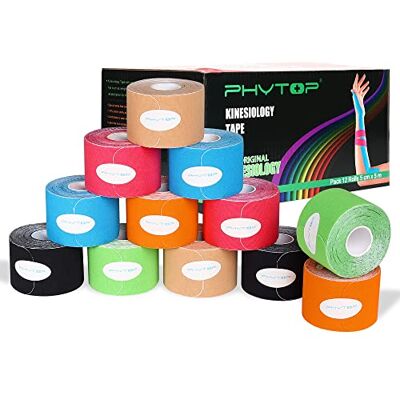 PHYTOP 12 Rolls Kinesiology Tape Pre Cut Muscle Tape 5cm x 5m for Knee Shoulder and Elbow, Elastic Therapeutic Sports Tapes for Muscle Support and Injury Recovery (Mixed Colors) PHYTOP 12 Rolls Kinesiology Tape Pre Cut Muscle Tape 5cm x 5m for Knee Shoulder and Elbow, Elastic Therapeutic Sports Tapes for Muscle Support and Injury Recovery (Mixed Colors)