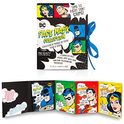 MAD Beauty DC Superhero Face Mask Set: 4 Cloth Masks by Superman, Batman, Robin and Wonder Woman as a Cloth Mask for Groomed Skin MAD Beauty DC Superhero Face Mask Set: 4 Cloth Masks by Superman, Batman, Robin and Wonder Woman as a Cloth Mask for Groomed Skin