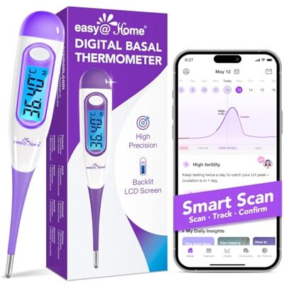Easy@Home Basal Thermometer for Ovulation, Backlight LCD Display, Purple Premom App support, BBT ovulation tracker thermometer, Memory recall, 1/100th degree high precision, temperature charting Easy@Home Basal Thermometer for Ovulation, Backlight LCD Display, Purple Premom App support, BBT ovulation tracker thermometer, Memory recall, 1/100th degree high precision, temperature charting