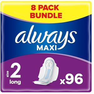 Always Maxi Sanitary Towels with Wings, Size 2, Long, 96 Towels (12 x 8 Packs), Anti-leakage Barriers, Protection & Comfort Always Maxi Sanitary Towels with Wings, Size 2, Long, 96 Towels (12 x 8 Packs), Anti-leakage Barriers, Protection & Comfort