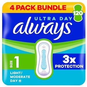 Always Ultra Day Sanitary Towels Normal (Size 1) With Wings 4 x 30 Pads, Super Absorbent And Ultra Thin, For Menstrual Periods Always Ultra Day Sanitary Towels Normal (Size 1) With Wings 4 x 30 Pads, Super Absorbent And Ultra Thin, For Menstrual Periods