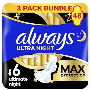 Always Ultra Sanitary Towels Secure Ultimate Night (Size 6) with Wings 3 x 16 Pads, Super Absorbent and Ultra Thin, for Menstrual Periods Always Ultra Sanitary Towels Secure Ultimate Night (Size 6) with Wings 3 x 16 Pads, Super Absorbent and Ultra Thin, for Menstrual Periods