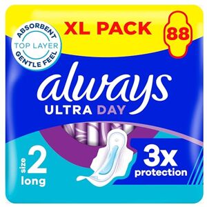 Always Ultra Sanitary Towels, Size 2 Long, Extra Large Pack, 88 Count, Super Absorbent, Ultra Thin Pads with Wings for Moderate Flow Always Ultra Sanitary Towels, Size 2 Long, Extra Large Pack, 88 Count, Super Absorbent, Ultra Thin Pads with Wings for Moderate Flow