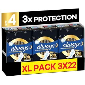 Always Ultra Sanitary Towels, Size 4 Secure Night, Extra Large Pack, 66 Count, Super Absorbent, Ultra Thin Pads with Wings for Overnight Protection Always Ultra Sanitary Towels, Size 4 Secure Night, Extra Large Pack, 66 Count, Super Absorbent, Ultra Thin Pads with Wings for Overnight Protection