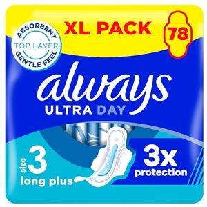 Always Ultra Sanitary Towels, Size 3 Day Long Plus, Extra Large Pack, 78 Count, Super Absorbent, Ultra Thin Pads with Wings for Heavy Flow Always Ultra Sanitary Towels, Size 3 Day Long Plus, Extra Large Pack, 78 Count, Super Absorbent, Ultra Thin Pads with Wings for Heavy Flow