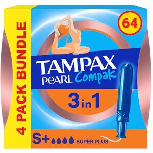 Tampax Compak Pearl Tampons, Super Plus with Applicator, 64 Tampons (16 x 4 Packs), Leak Protection and Discretion Tampax Compak Pearl Tampons, Super Plus with Applicator, 64 Tampons (16 x 4 Packs), Leak Protection and Discretion