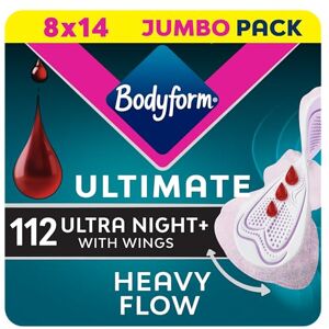 Bodyform Ultimate Ultra Night Sanitary Towels Wings 112 Pack, Heavy Periods Bodyform Ultimate Ultra Night Sanitary Towels Wings 112 Pack, Heavy Periods