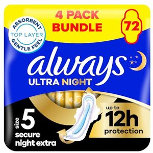 Always Ultra Sanitary Towels Secure Night Extra (Size 5) with Wings 18 Pads, Super Absorbent and Ultra Thin, for Menstrual Periods, Pack of 4 Always Ultra Sanitary Towels Secure Night Extra (Size 5) with Wings 18 Pads, Super Absorbent and Ultra Thin, for Menstrual Periods, Pack of 4