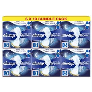 Always Infinity FlexProtect Sanitary Towels, Size 3 Night, 6 Packs of 10 Count, Unscented, for up to Zero Feel & Zero Leaks, Super Absorbent & Flexible Protection Always Infinity FlexProtect Sanitary Towels, Size 3 Night, 6 Packs of 10 Count, Unscented, for up to Zero Feel & Zero Leaks, Super Absorbent & Flexible Protection