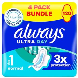 Always Ultra Day Sanitary Towels Normal (Size 1) With Wings 4 x 30 Pads, Super Absorbent And Ultra Thin, For Menstrual Periods Always Ultra Day Sanitary Towels Normal (Size 1) With Wings 4 x 30 Pads, Super Absorbent And Ultra Thin, For Menstrual Periods