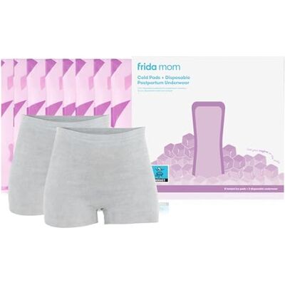 Frida Mom 2-in-1 Postpartum Pads + Disposable Knickers, Soothing Instant Cold Therapy Pack and Absorbent Maternity Pad in One + Ultra-Soft and Stretchy Boyshort Cut, Size Regular, 8 Pads + 2 Knickers Frida Mom 2-in-1 Postpartum Pads + Disposable Knickers, Soothing Instant Cold Therapy Pack and Absorbent Maternity Pad in One + Ultra-Soft and Stretchy Boyshort Cut, Size Regular, 8 Pads + 2 Knickers