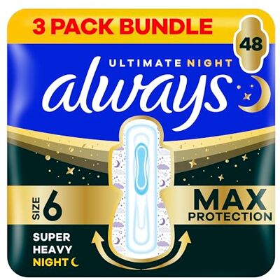 Always Ultra Sanitary Towels Secure Ultimate Night (Size 6) with Wings 3 x 16 Pads, Super Absorbent and Ultra Thin, for Menstrual Periods Always Ultra Sanitary Towels Secure Ultimate Night (Size 6) with Wings 3 x 16 Pads, Super Absorbent and Ultra Thin, for Menstrual Periods