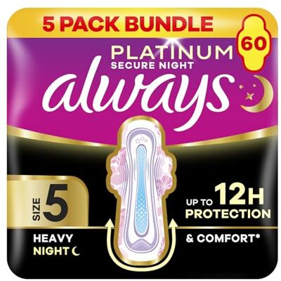 Always Platinum Secure Night Extra (Size 5) Sanitary Towels with Wings 5 x 12 Pads Always Platinum Secure Night Extra (Size 5) Sanitary Towels with Wings 5 x 12 Pads