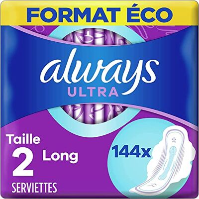 Always Ultra Sanitary Napkins, Size 2, Long, 144 Towels with Wings, Moderate Day Fluxes, Eco Size, Max Comfort, Super Absorbent and Ultra Thin Always Ultra Sanitary Napkins, Size 2, Long, 144 Towels with Wings, Moderate Day Fluxes, Eco Size, Max Comfort, Super Absorbent and Ultra Thin