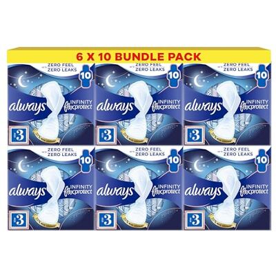 Always Infinity Flex Protect Night Size 3 Sanitary Towels with Wings 10 Pads X Pack of 6 Always Infinity Flex Protect Night Size 3 Sanitary Towels with Wings 10 Pads X Pack of 6