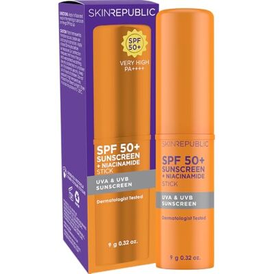 Skin Republic SPF 50+ Sunscreen + Niacinamide 5% Stick Broad Spectrum Sun Protection Brightens & Evens Skin Tone Helps Refine Texture & Reduce Blotchiness Dermatologically Tested (9g) Skin Republic SPF 50+ Sunscreen + Niacinamide 5% Stick Broad Spectrum Sun Protection Brightens & Evens Skin Tone Helps Refine Texture & Reduce Blotchiness Dermatologically Tested (9g)