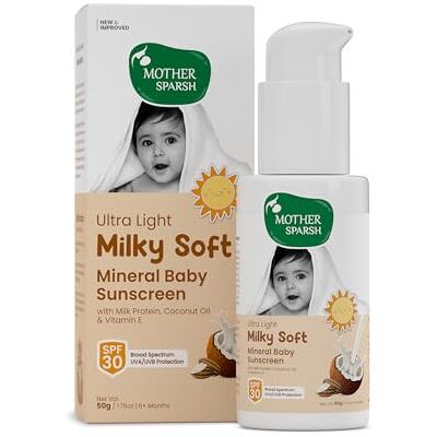 Mother Sparsh Milky Mineral Baby Sunscreen-50g Ultra Light Sunscreen Lotion for Babies with SPF 30, Broad Spectrum UVA/UVB Protection Sunscreen Baby Lotion With Milk Protein, Coconut Oil & Vit. E Mother Sparsh Milky Mineral Baby Sunscreen-50g Ultra Light Sunscreen Lotion for Babies with SPF 30, Broad Spectrum UVA/UVB Protection Sunscreen Baby Lotion With Milk Protein, Coconut Oil & Vit. E