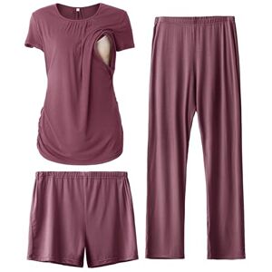 SUNNYBUY Women's Maternity Nursing Pyjamas Set, Short Sleeve Breastfeeding Shirts,Pregnancy Shorts & Pants 3 Piece Maternity Clothes Nightwear, Burgundy L SUNNYBUY Women's Maternity Nursing Pyjamas Set, Short Sleeve Breastfeeding Shirts,Pregnancy Shorts & Pants 3 Piece Maternity Clothes Nightwear, Burgundy L