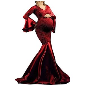 Generic Pregnant Women Long Sleeve Elegant Simple Style Floral Lace Mermaid Dress Maternity Photo Shoot Wedding Party Baby Shower Long Maxi Gown (Color : WINE RED, One Size : L)