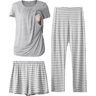 SUNNYBUY Women's Maternity Nursing Pyjamas Set, Short Sleeve Breastfeeding Shirts,Pregnancy Shorts & Pants 3 Piece Maternity Clothes Nightwear, Grey&Stripe L SUNNYBUY Women's Maternity Nursing Pyjamas Set, Short Sleeve Breastfeeding Shirts,Pregnancy Shorts & Pants 3 Piece Maternity Clothes Nightwear, Grey&Stripe L