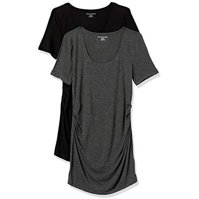 Amazon Essentials Women's Maternity Short-Sleeve Rouched Scoopneck T-Shirt, Pack of 2, Charcoal Heather/Black, XS Amazon Essentials Women's Maternity Short-Sleeve Rouched Scoopneck T-Shirt, Pack of 2, Charcoal Heather/Black, XS