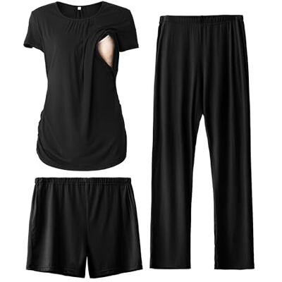 SUNNYBUY Women's Maternity Nursing Pyjamas Set, Short Sleeve Breastfeeding Shirts,Pregnancy Shorts & Pants 3 Piece Maternity Clothes Nightwear, Black S SUNNYBUY Women's Maternity Nursing Pyjamas Set, Short Sleeve Breastfeeding Shirts,Pregnancy Shorts & Pants 3 Piece Maternity Clothes Nightwear, Black S