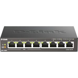 D-Link DGS-1008P 8-Port Gigabit Unmanaged Desktop PoE Switch, 80W Power Budget, Metal, Fanless, Black D-Link DGS-1008P 8-Port Gigabit Unmanaged Desktop PoE Switch, 80W Power Budget, Metal, Fanless, Black