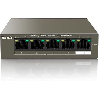 Tenda 5-Port Gigabit PoE Switch Unmanaged Network Switch with 4-Port PoE+ (VLAN, 802.3at/af, 58W for all PoE ports, Desktop / Wall Mounting, Metal Case, Plug and Play) (TEG1105P-4-63W) Tenda 5-Port Gigabit PoE Switch Unmanaged Network Switch with 4-Port PoE+ (VLAN, 802.3at/af, 58W for all PoE ports, Desktop / Wall Mounting, Metal Case, Plug and Play) (TEG1105P-4-63W)