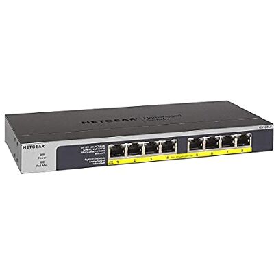 Netgear 8 Port PoE Switch (GS108LP) Unmanaged Gigabit Network Switch Ethernet Splitter 8x PoE+ @ 60W Desktop, Wall or Rackmount Netgear 8 Port PoE Switch (GS108LP) Unmanaged Gigabit Network Switch Ethernet Splitter 8x PoE+ @ 60W Desktop, Wall or Rackmount