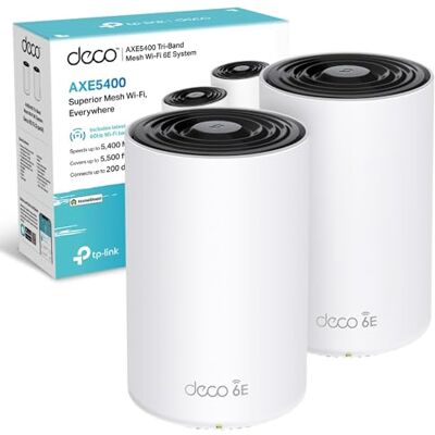 TP-LINK Deco XE75(2-pack) AXE5400Mbps Wi-Fi 6E WiFi Mesh System, 8K Streaming, True Tri-Band Speed, AI-Driven WiFi Booster Router, Covers 500m2, Connect 200 Devices, Alexa, Easy Setup, Homeshield TP-LINK Deco XE75(2-pack) AXE5400Mbps Wi-Fi 6E WiFi Mesh System, 8K Streaming, True Tri-Band Speed, AI-Driven WiFi Booster Router, Covers 500m2, Connect 200 Devices, Alexa, Easy Setup, Homeshield