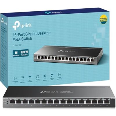 TP-LINK TL-SG116P 16-Port Gigabit Desktop Network Switch, Dedicated 16-Port PoE+ Ethernet Splitter, 120 W Total Power Budget, Transmission up to 250 m, Fanless Design PoE Switch, Durable Metal Casing TP-LINK TL-SG116P 16-Port Gigabit Desktop Network Switch, Dedicated 16-Port PoE+ Ethernet Splitter, 120 W Total Power Budget, Transmission up to 250 m, Fanless Design PoE Switch, Durable Metal Casing
