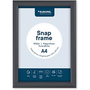 Europel lightweight Snap frame A4, Profile 25x11 mm, Color graphite grey, Anodized aluminum, anti-reflective protector, External dimensions 241x328 mm, Grey polystyrene back Europel lightweight Snap frame A4, Profile 25x11 mm, Color graphite grey, Anodized aluminum, anti-reflective protector, External dimensions 241x328 mm, Grey polystyrene back