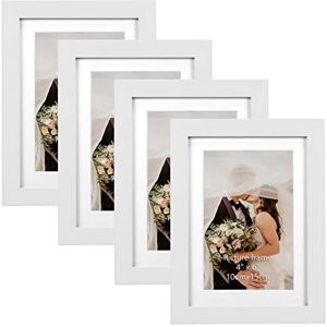 EXYGLO Set of 4 Picture Frames 10 x 15 cm with White Wood Grain Frame for 15 x 10 Photos with Mount or 13 x 18 cm without Mount, Wall or Table Stand EXYGLO Set of 4 Picture Frames 10 x 15 cm with White Wood Grain Frame for 15 x 10 Photos with Mount or 13 x 18 cm without Mount, Wall or Table Stand