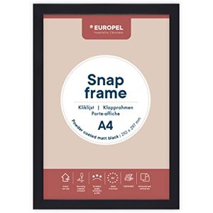 Europel lightweight Snap frame A4, matt black powder-coated finish, Profile 25x11 mm, Anodized aluminum, anti-reflective protector, External dimensions 241x328 mm, Grey polystyrene back Europel lightweight Snap frame A4, matt black powder-coated finish, Profile 25x11 mm, Anodized aluminum, anti-reflective protector, External dimensions 241x328 mm, Grey polystyrene back