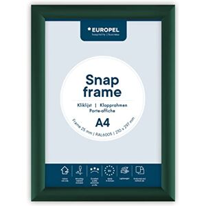 Europel lightweight Snap frame A4, Green, Profile 25x11 mm, Anodized aluminum, anti-reflective protector, External dimensions 241x328 mm, Grey polystyrene back Europel lightweight Snap frame A4, Green, Profile 25x11 mm, Anodized aluminum, anti-reflective protector, External dimensions 241x328 mm, Grey polystyrene back