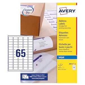 Avery Quickdry, Printable, Address Labels, Customisable, 38.1 x 21.2 mm, White, 65 Labels per Sheet, 1625 Blank Labels per Pack (J8651-25) Avery Quickdry, Printable, Address Labels, Customisable, 38.1 x 21.2 mm, White, 65 Labels per Sheet, 1625 Blank Labels per Pack (J8651-25)