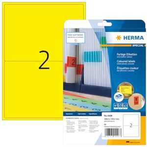 HERMA Yellow Coloured Labels A4, 40 Labels per Pack, 199.6 x 143.5 mm, Suitable for Inkjet & Laser Printers HERMA Yellow Coloured Labels A4, 40 Labels per Pack, 199.6 x 143.5 mm, Suitable for Inkjet & Laser Printers