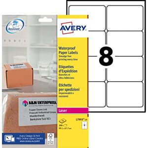 Avery Printable, Customisable Weatherproof/Waterproof, Parcel Mailing Labels, Laser Printers, L7993-25, White, 8 Per A4 Sheet. Avery Printable, Customisable Weatherproof/Waterproof, Parcel Mailing Labels, Laser Printers, L7993-25, White, 8 Per A4 Sheet.