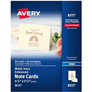 Avery Printable Note Cards with Envelopes, 4.25" x 5.5", Ivory with Embossed Border, 60 Blank Note Cards for Inkjet Printers (08317) Avery Printable Note Cards with Envelopes, 4.25" x 5.5", Ivory with Embossed Border, 60 Blank Note Cards for Inkjet Printers (08317)