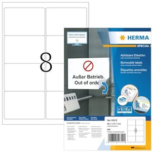 HERMA Self Adhesive Removable Labels, 8 Labels per A4 Sheet, 100 Sheets, 99.1 x 67.7 mm, 800 Labels, Blank Multipurpose Labels Stickers, Sticky Labels for Laser & Inkjet Printer, White HERMA Self Adhesive Removable Labels, 8 Labels per A4 Sheet, 100 Sheets, 99.1 x 67.7 mm, 800 Labels, Blank Multipurpose Labels Stickers, Sticky Labels for Laser & Inkjet Printer, White