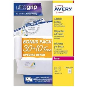 Avery Bonus Pack of Labels, Laser Printer, White Blank A4 Labels, 30 Sheets Plus 10 Extra, 38.1 x 21.2mm, UltraGrip, L7651-30BP Avery Bonus Pack of Labels, Laser Printer, White Blank A4 Labels, 30 Sheets Plus 10 Extra, 38.1 x 21.2mm, UltraGrip, L7651-30BP