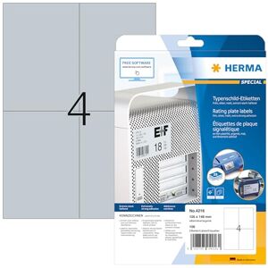 HERMA Self Adhesive Name Plate Film Labels, 4 Labels per A4 Sheet, 25 Sheets, 105 x 148 mm, 100 Labels, Weatherproof Labels Stickers, Sticky Labels for Laser & Inkjet Printer, Metallic Silver HERMA Self Adhesive Name Plate Film Labels, 4 Labels per A4 Sheet, 25 Sheets, 105 x 148 mm, 100 Labels, Weatherproof Labels Stickers, Sticky Labels for Laser & Inkjet Printer, Metallic Silver