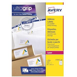 Avery Printable, Customisable Address Mailing Labels, Laser Printers, 14 per A4 Sheet, 7000 Labels, UltraGrip (L7163-500), White, 500 Blank Sheets Avery Printable, Customisable Address Mailing Labels, Laser Printers, 14 per A4 Sheet, 7000 Labels, UltraGrip (L7163-500), White, 500 Blank Sheets