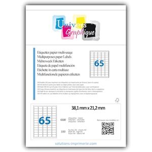 UNIVERS GRAPHIQUE UniversGraphique, 6500 Mini Sticky Labels on A4 Sheets, White Adhesive, 38 x 21.2 mm, 100 Sheets, 65 Labels per Sheet, Ref UGE65- l7651 UNIVERS GRAPHIQUE UniversGraphique, 6500 Mini Sticky Labels on A4 Sheets, White Adhesive, 38 x 21.2 mm, 100 Sheets, 65 Labels per Sheet, Ref UGE65- l7651