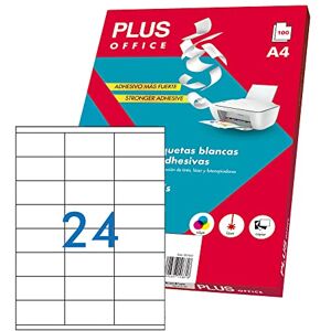 Plus Office Self Adhesive White Labels for Printing, 100 Sheets of Sticker Paper on A4 Sheets for Inkjet Printers, Laser and Photocopiers, 24 Labels per Sheet (70 x 35 mm) Plus Office Self Adhesive White Labels for Printing, 100 Sheets of Sticker Paper on A4 Sheets for Inkjet Printers, Laser and Photocopiers, 24 Labels per Sheet (70 x 35 mm)