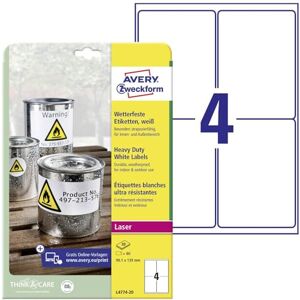 Avery L4774-20 Heavy Duty White Labels 99.1 x 139 mm Weather-Resistant 20 Sheets / 80 Labels White Avery L4774-20 Heavy Duty White Labels 99.1 x 139 mm Weather-Resistant 20 Sheets / 80 Labels White