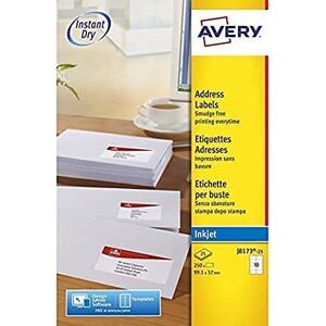 Avery J8173‑25 Address Labels – 250 Self‑Adhesive Labels (99.1 × 57 mm) on 25 A4 Sheets QuickPEEL™ Inkjet Mailing & Shipping Stickers Avery J8173‑25 Address Labels – 250 Self‑Adhesive Labels (99.1 × 57 mm) on 25 A4 Sheets QuickPEEL™ Inkjet Mailing & Shipping Stickers