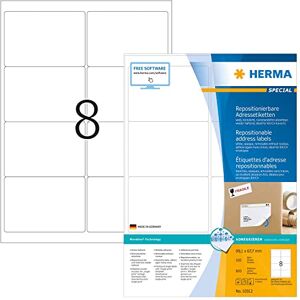 HERMA Self Adhesive Removable Labels, 8 Labels per A4 Sheet, 100 Sheets, 99.1 x 67.7 mm, 800 Labels, Blank Multipurpose Labels Stickers, Sticky Labels for Laser & Inkjet Printer, White HERMA Self Adhesive Removable Labels, 8 Labels per A4 Sheet, 100 Sheets, 99.1 x 67.7 mm, 800 Labels, Blank Multipurpose Labels Stickers, Sticky Labels for Laser & Inkjet Printer, White