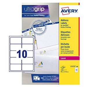 Avery JamFREE, Printable, Address Labels, Customisable, 99.1 x 57 mm, White, 10 Labels per Sheet, 1000 Blank Labels per Pack (L7173-100) Avery JamFREE, Printable, Address Labels, Customisable, 99.1 x 57 mm, White, 10 Labels per Sheet, 1000 Blank Labels per Pack (L7173-100)